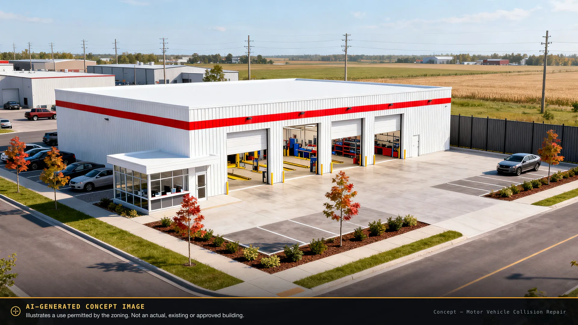 AI-generated concept image of collision repair & auto service on the site — not an actual or approved building