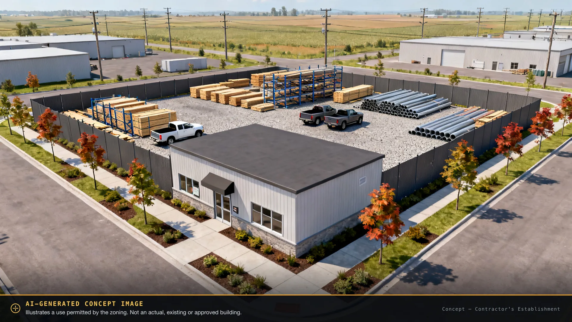 AI-generated concept image of contractor & supply yard on the site — not an actual or approved building