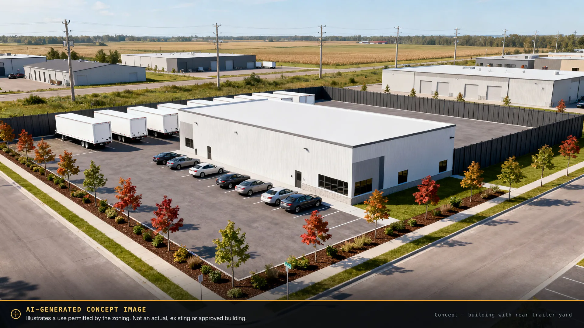 AI-generated concept image showing a single-storey industrial building with a paved trailer yard. Not an actual or approved building.