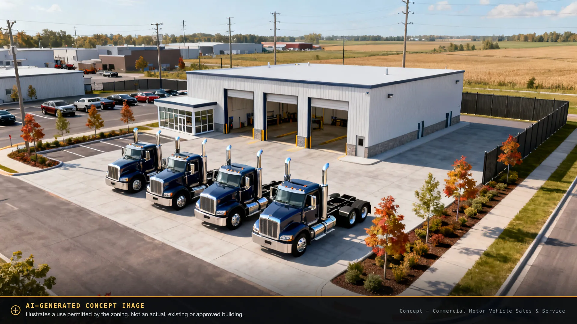 AI-generated concept image of truck sales, rental & service on the site — not an actual or approved building
