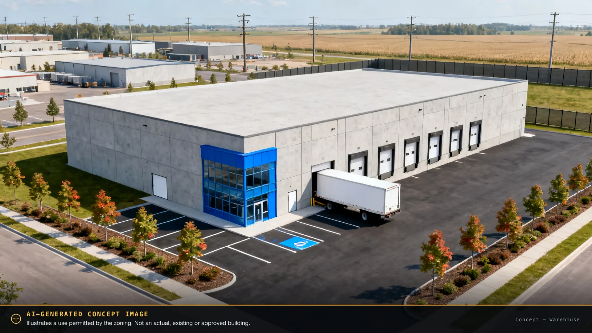 AI-generated concept image of warehouse & distribution on the site — not an actual or approved building